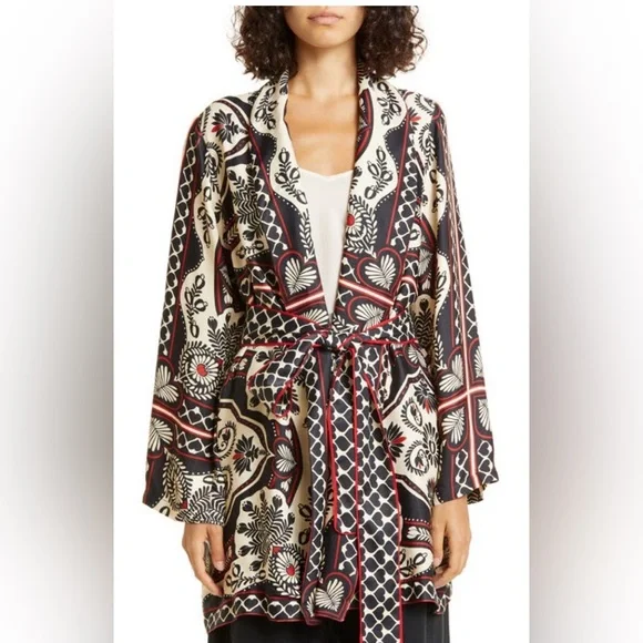 NWT FARM Rio Cream Black and Red Floral Belted Kimono - Picture 3 of 8